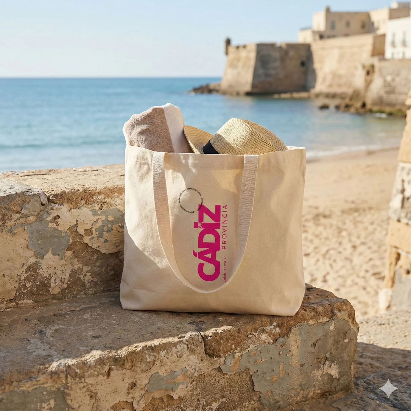 Bolsa promocional Cádiz Provincia fotografiada junto al mar